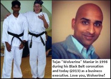 Tejas Maniar, in 1998, during his Black Belt coronation. Tejas today, in 2013, as a business executive.